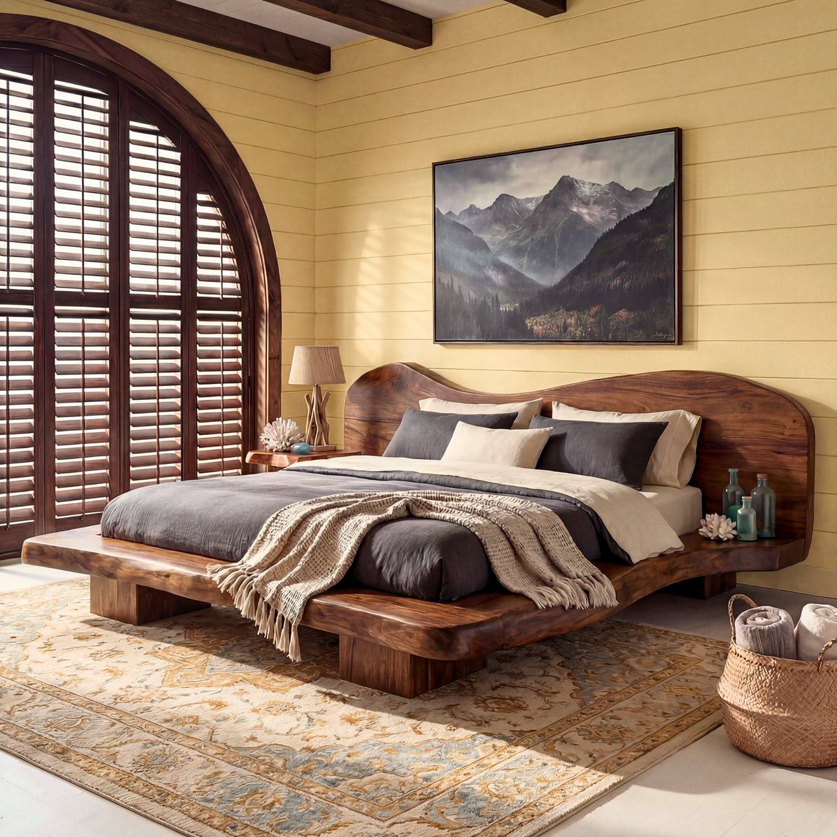 Handcrafted Solid Wood Platform Bed with Sculptural Headboard for Bedroom