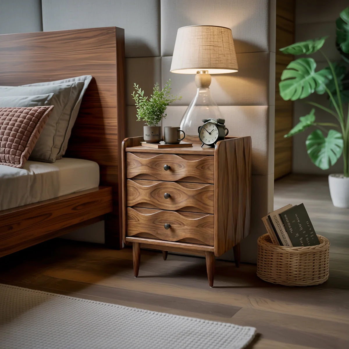 Handcrafted Solid Wood Bedside Table with Sculpted Drawers