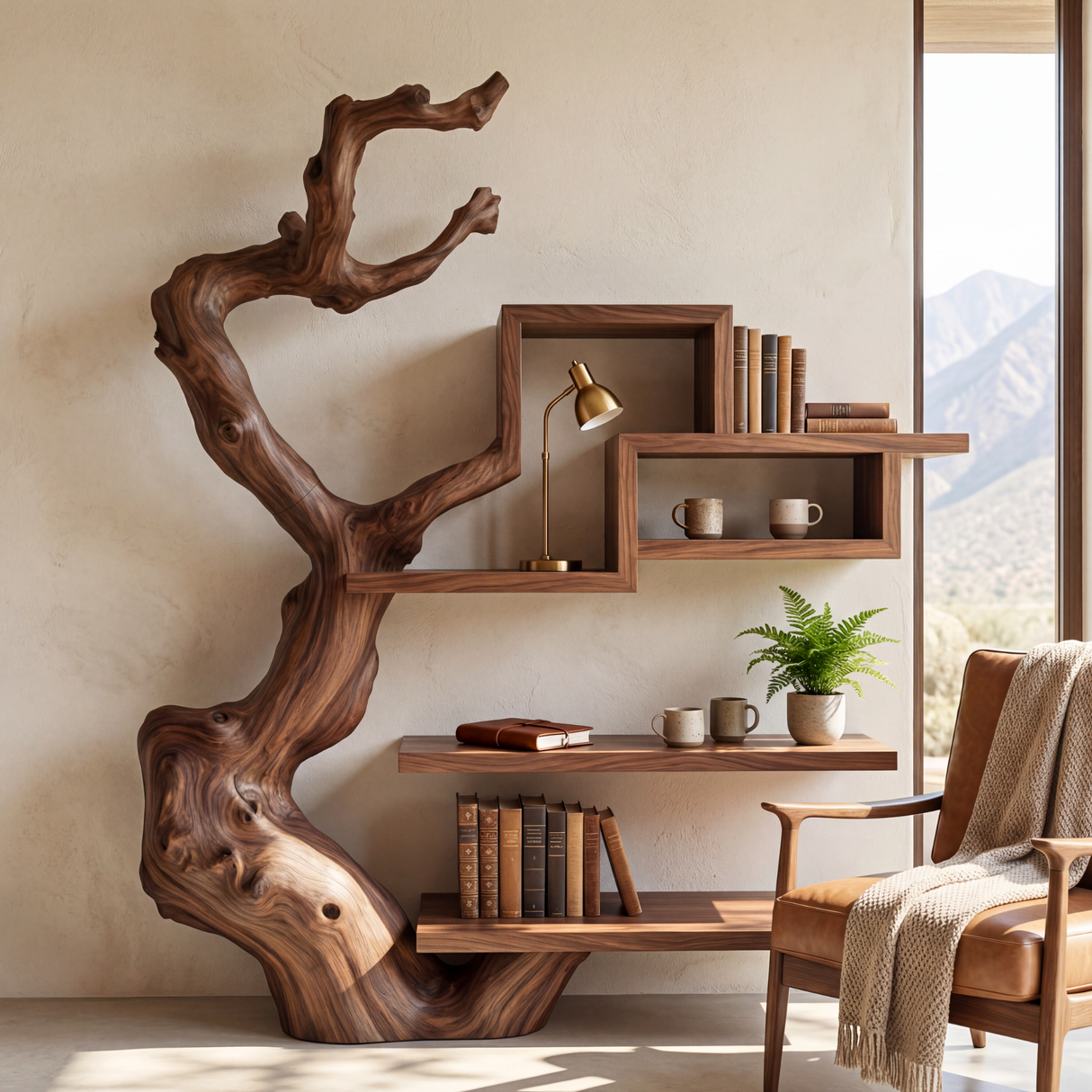Organic Solid Wood Wall Bookshelf with Sculptural Tree Form Display Shelf