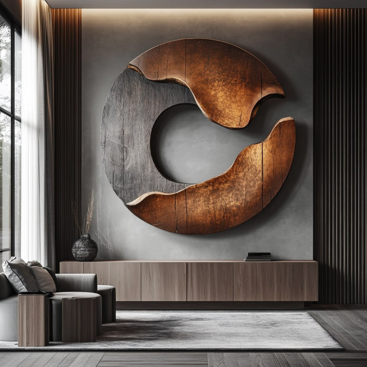 Wall Sculpture Solid Wood Circular Eclipse Wall Art for Modern Living Room Decor