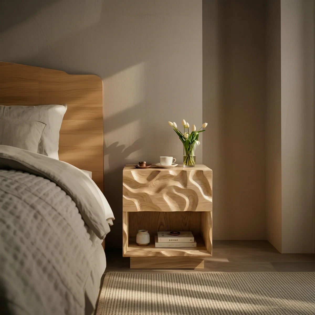 Modern Solid Wood Nightstand with Sculpted Wave Front