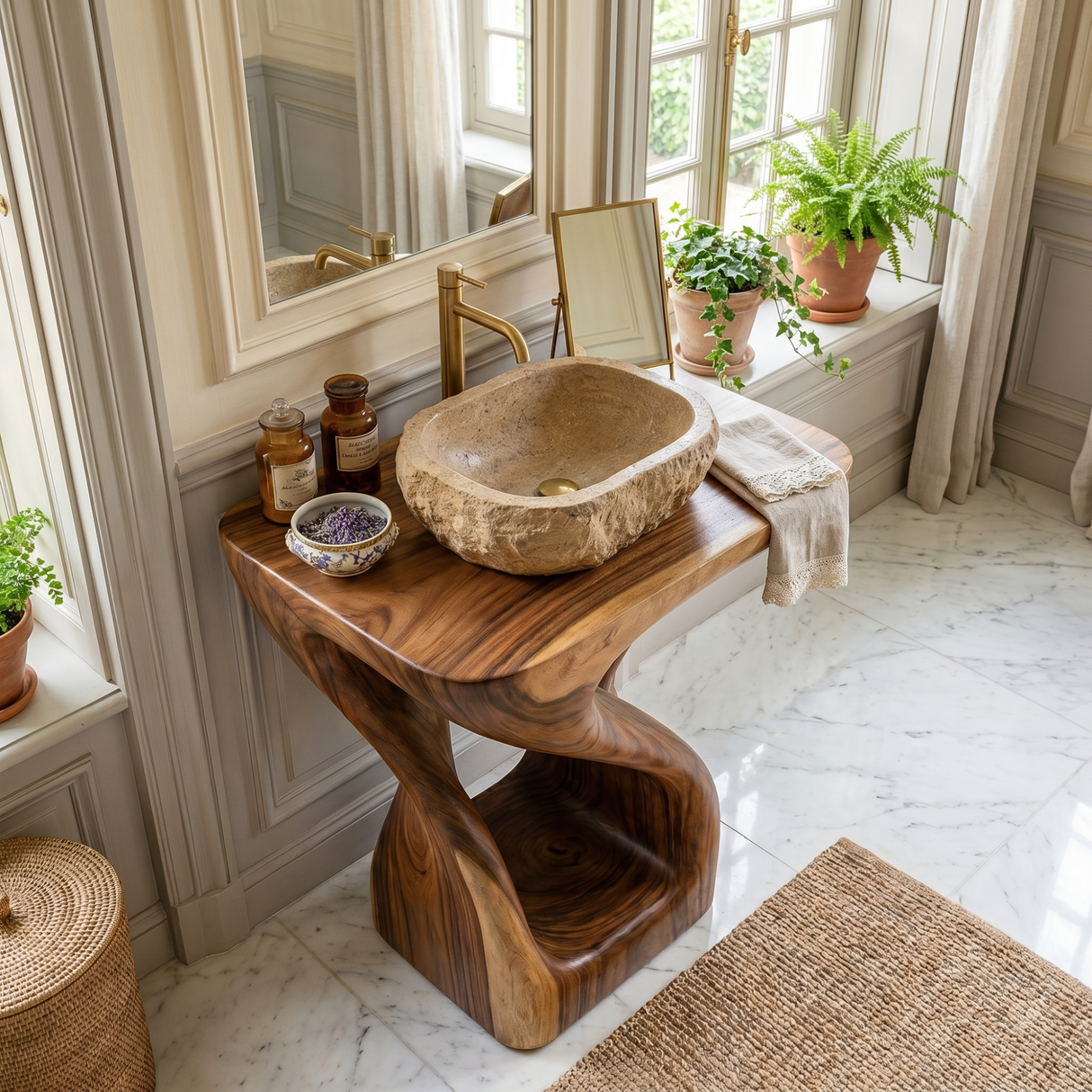 Organic Twisted Solid Wood Pedestal Sink Vanity with Sculptural Flow Form