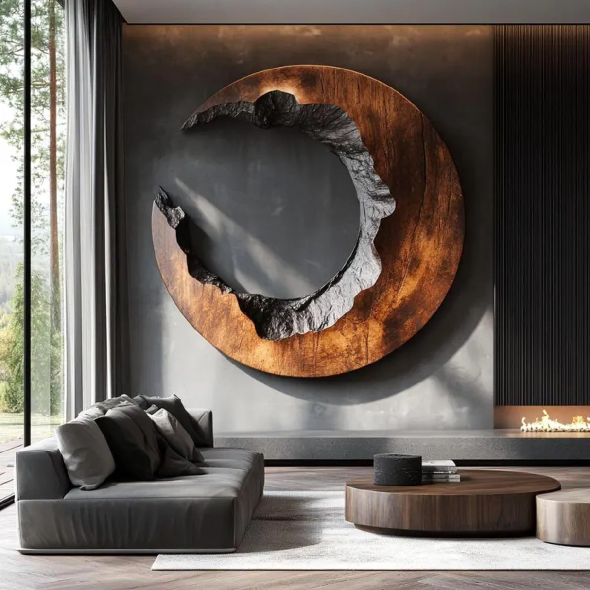 Round Wood Wall Sculpture with Open Center and Raw Carved Edge