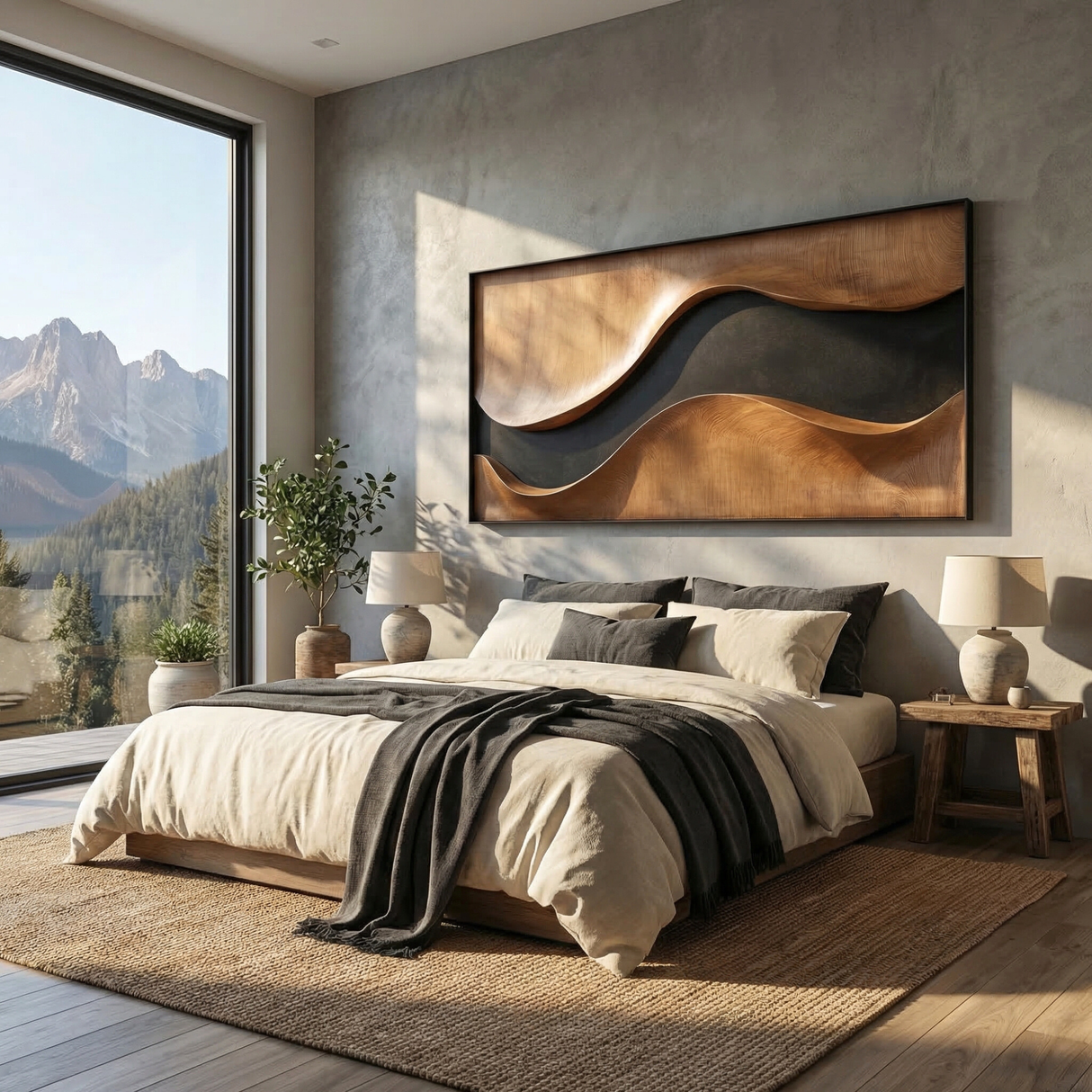 Sculptural Wood Wall Art Panel with Black Wave