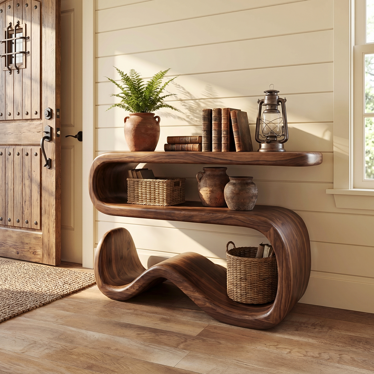 Hand-Carved Solid Wood Outdoor Sculpture Ascending Open Curve Monument Form