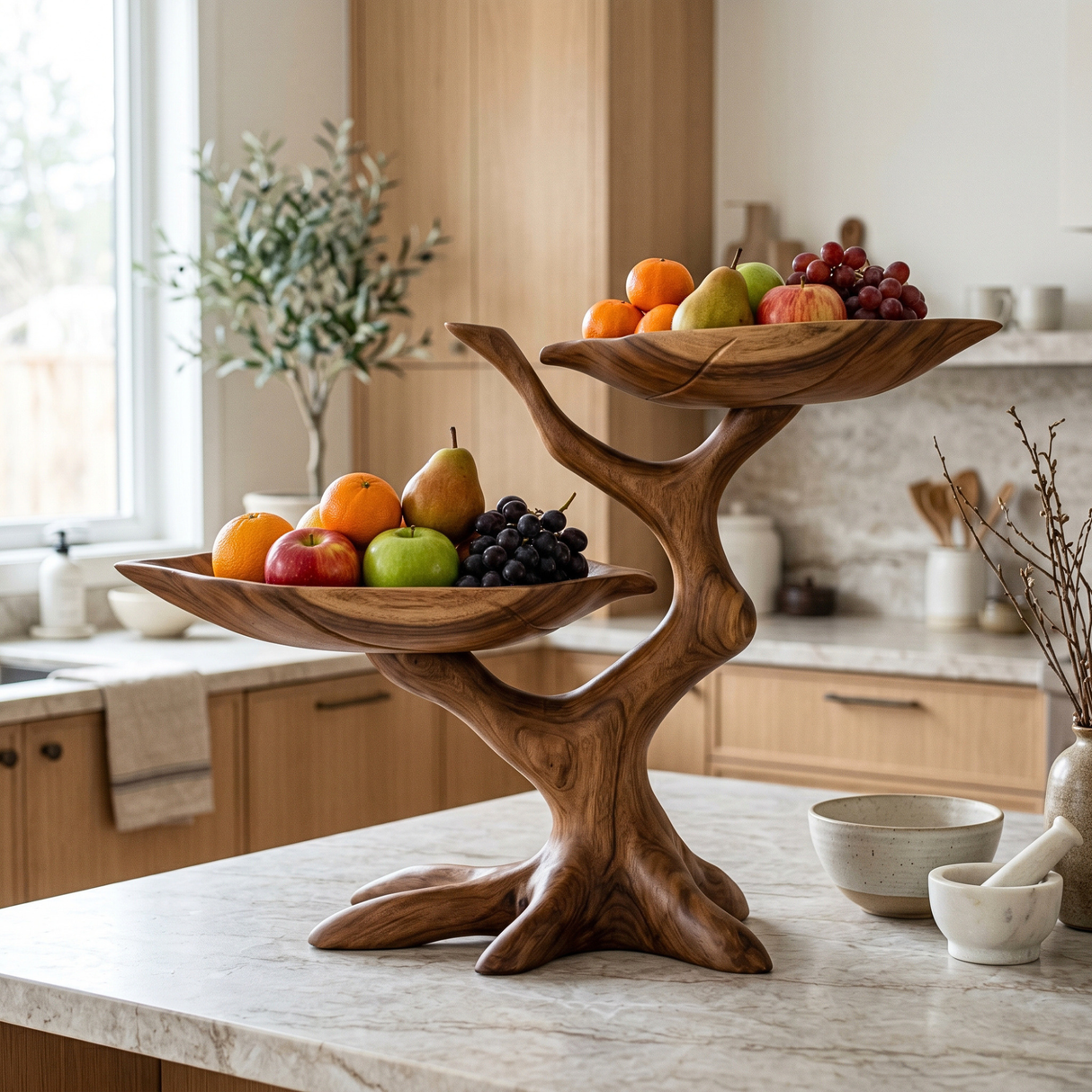 Solid Wood Two-Tier Fruit Bowl with Sculptural Tree Branch Base