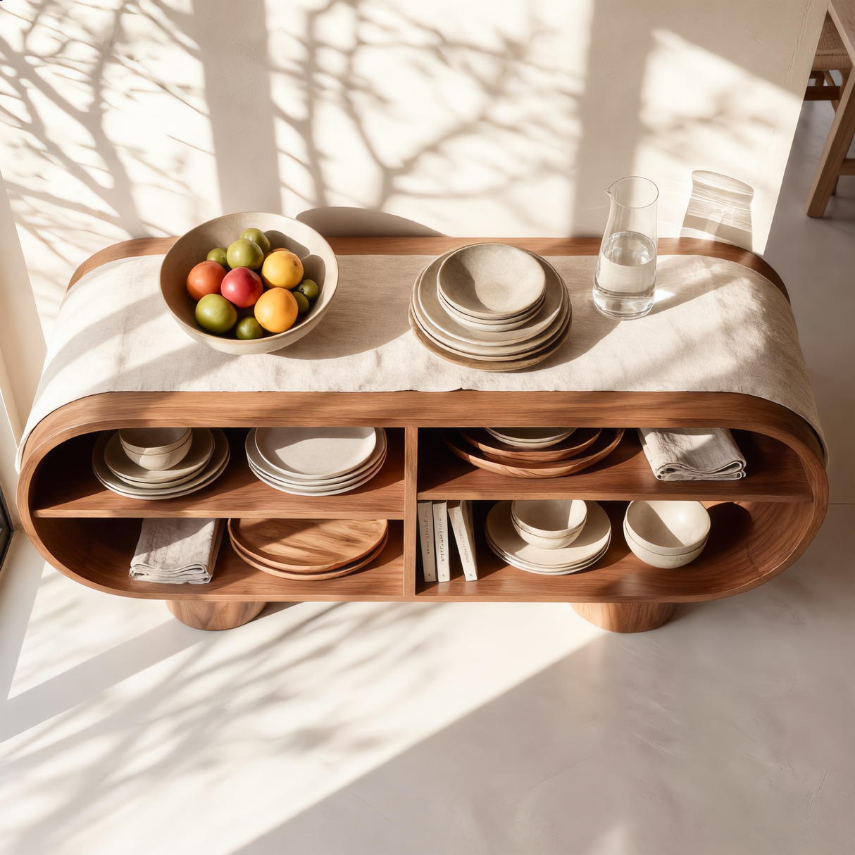 Rounded Solid Wood Sideboard with Open Shelving, Organic Modern Storage Console