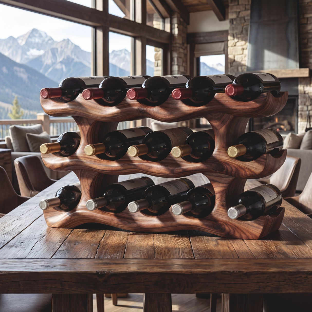 Layered Wave Sculptural Solid Wood Wine Rack Horizontal Bottle Holder for Tabletop Storage