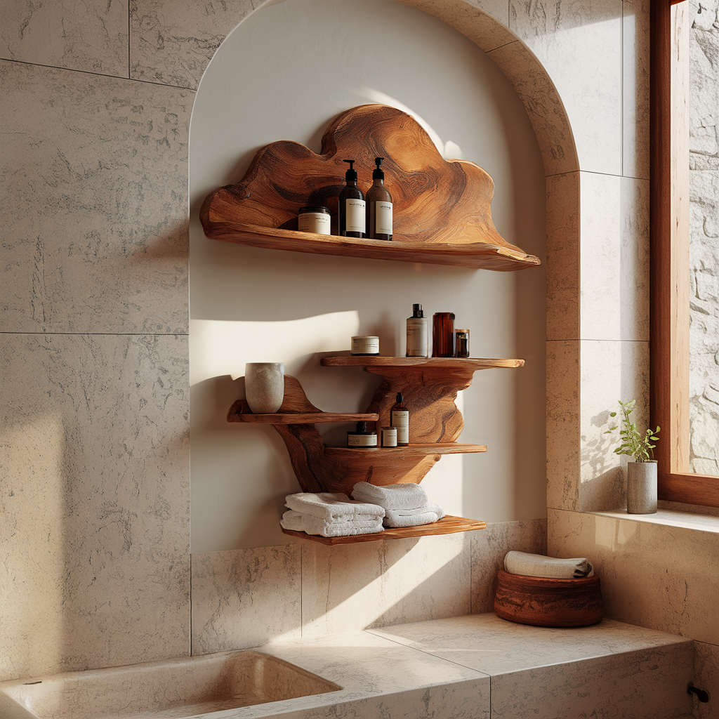 Artisan Solid Wood Wall Shelves with Sculpted Back Panel