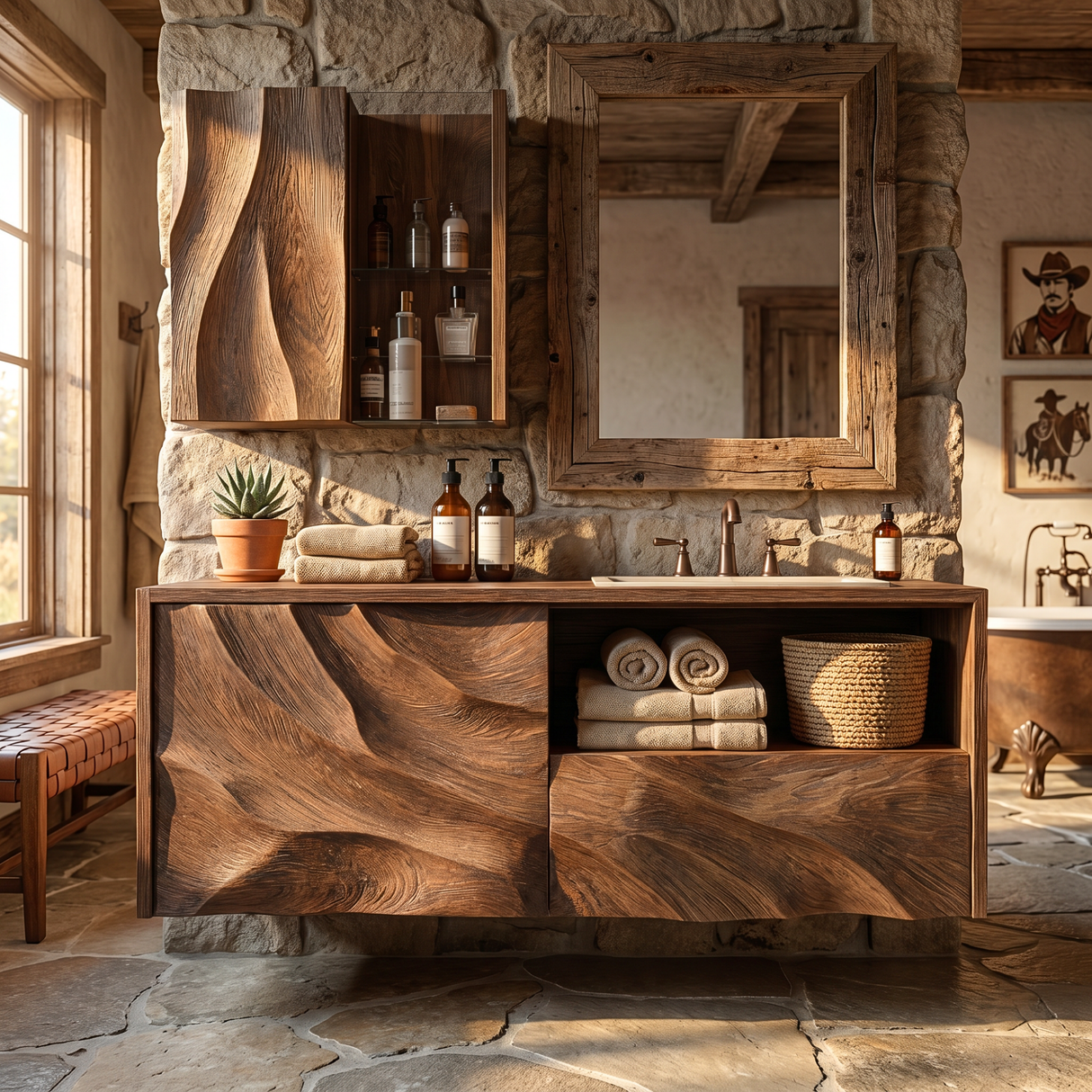 Sculpted Solid Wood Floating Bathroom Vanity with Layered Organic Relief