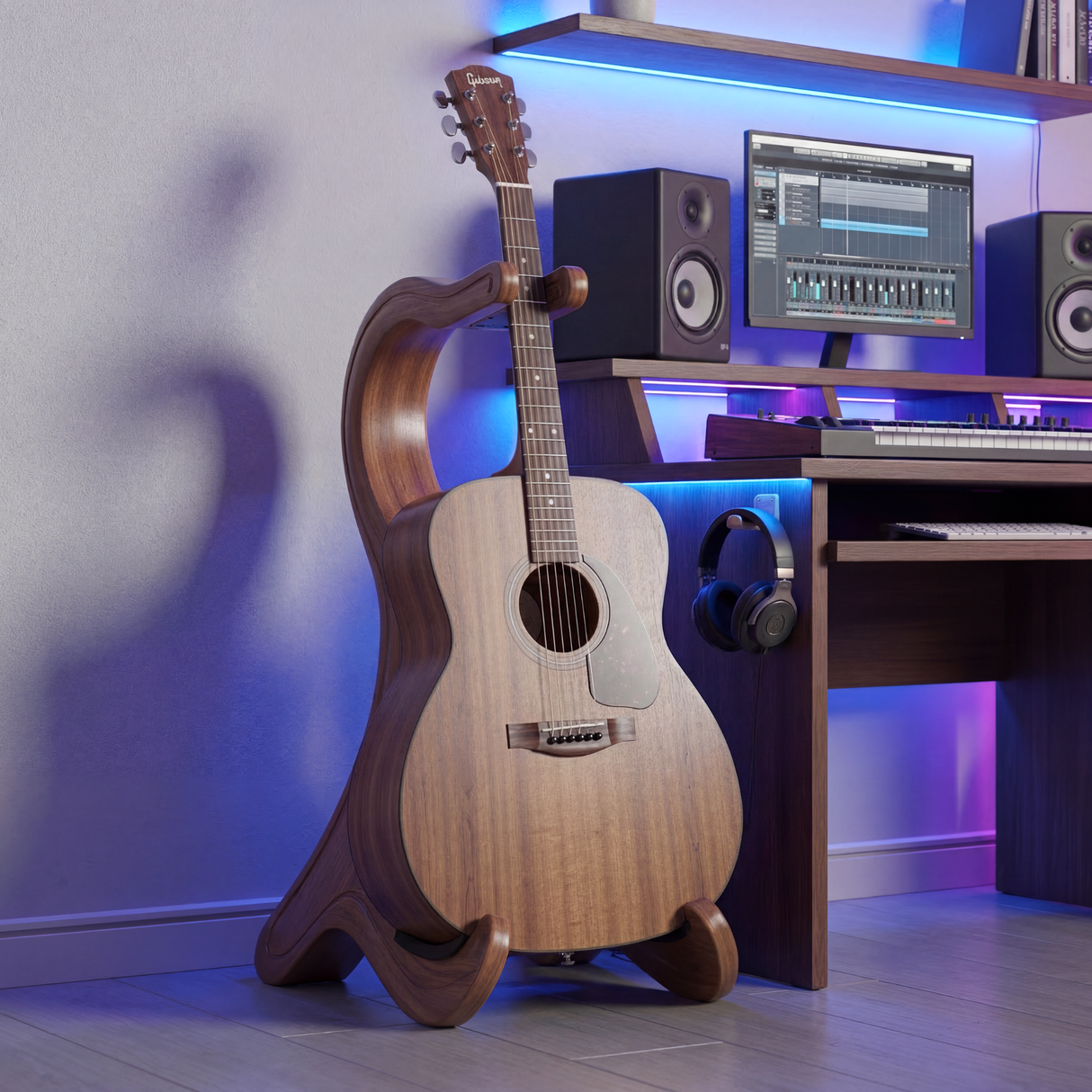 Sculptural Wooden Guitar Stand Modern Acoustic Display Holder