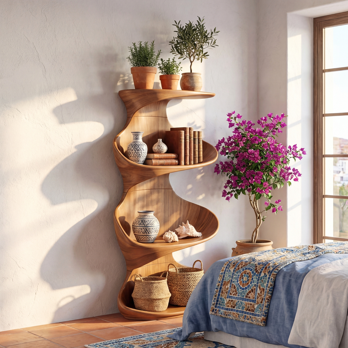 Twisted Wood Display Shelf with Tiered Open Shelves