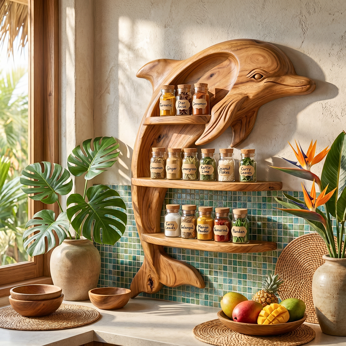 Handcrafted Dolphin Spice Rack with Three-Tier Solid Wood Wall Shelf Design