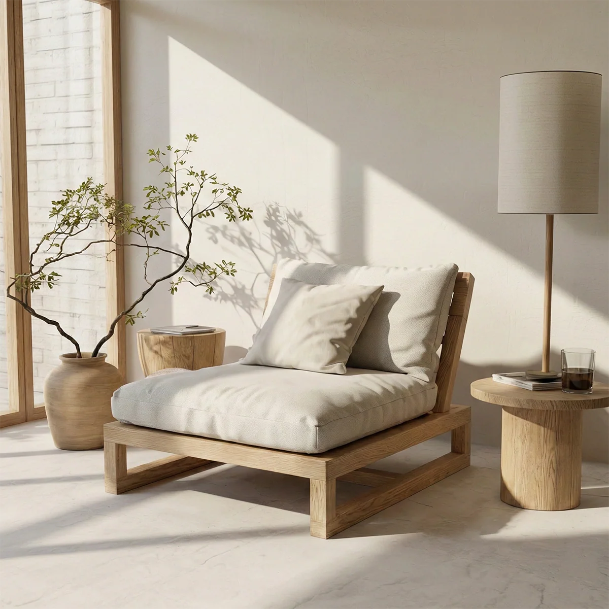Low Solid Wood Lounge Chair with Cushion Japandi Floor Chair