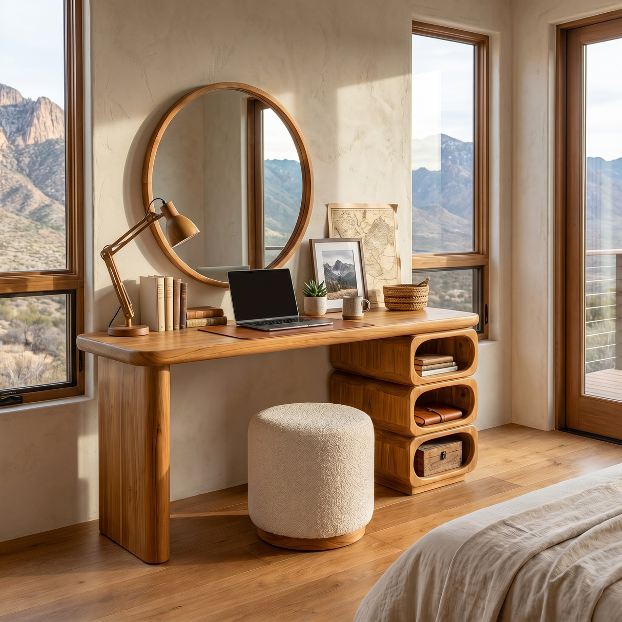 Solid Wood Vanity Table with Rounded Open Shelf Storage and Panel Leg