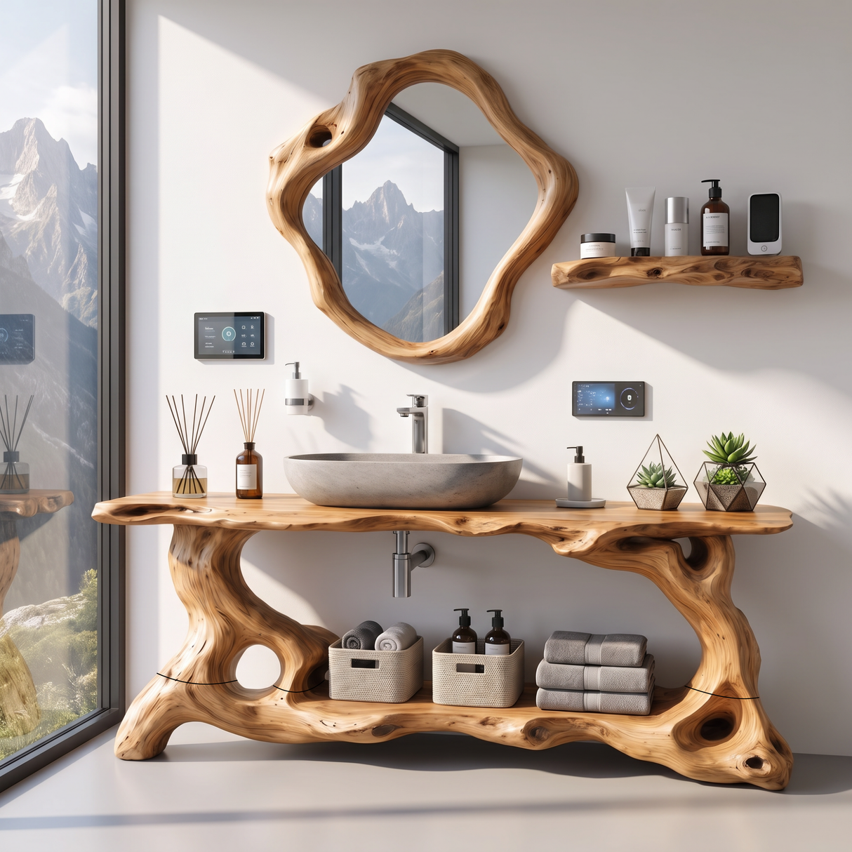 Bathroom Vanity Solid Wood with Organic Root Base and Open Shelf Storage