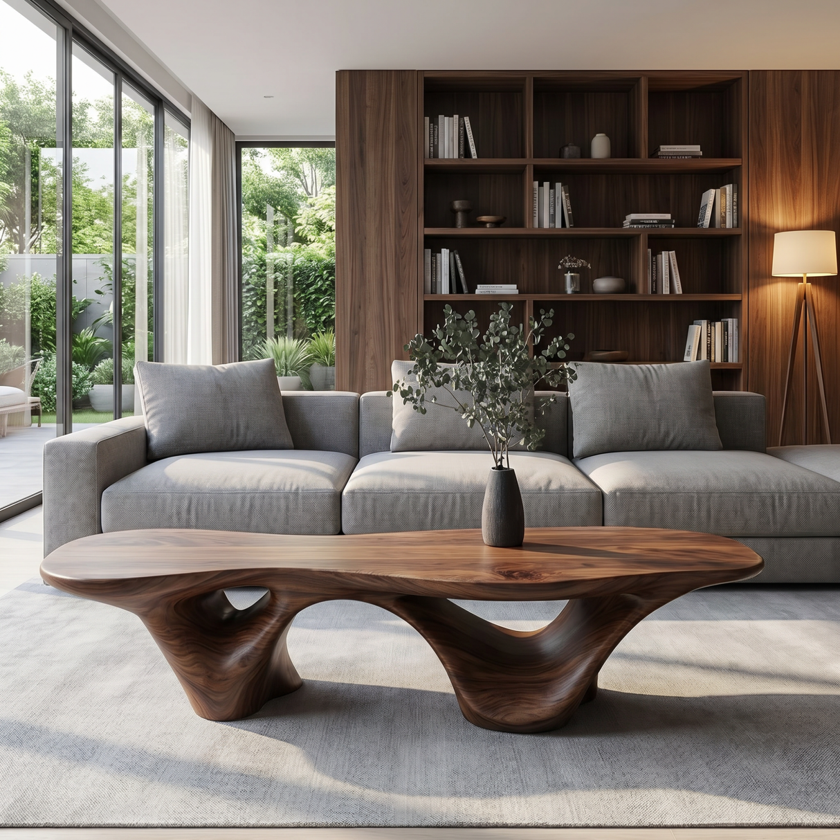 Coffee Table Solid Wood with Triple Hollow Sculptural Base for Living Room