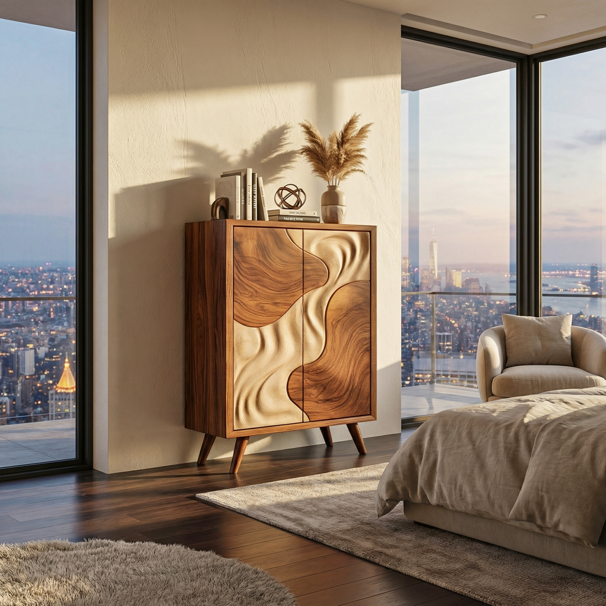 Solid Wood Sculptural Cabinet with Flowing Two-Tone Relief Doors for Modern Interiors