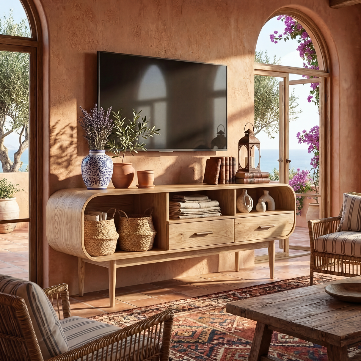 Curved Wood TV Cabinet with Drawers and Open Shelving, Mid Century Modern Media Console for Organic Modern Living Rooms