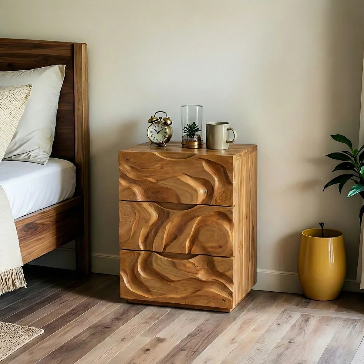 Sculptural Solid Wood Bedside Cabinet with Carved Texture