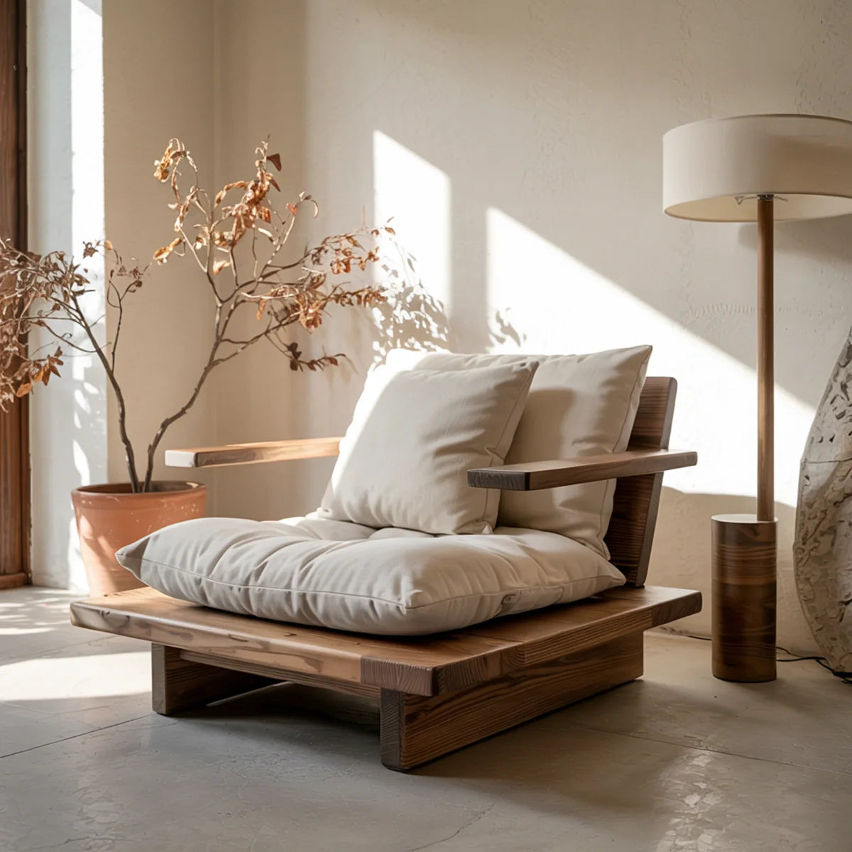 Low Solid Wood Floor Lounge Chair with Arms Japandi Wooden Accent Chair