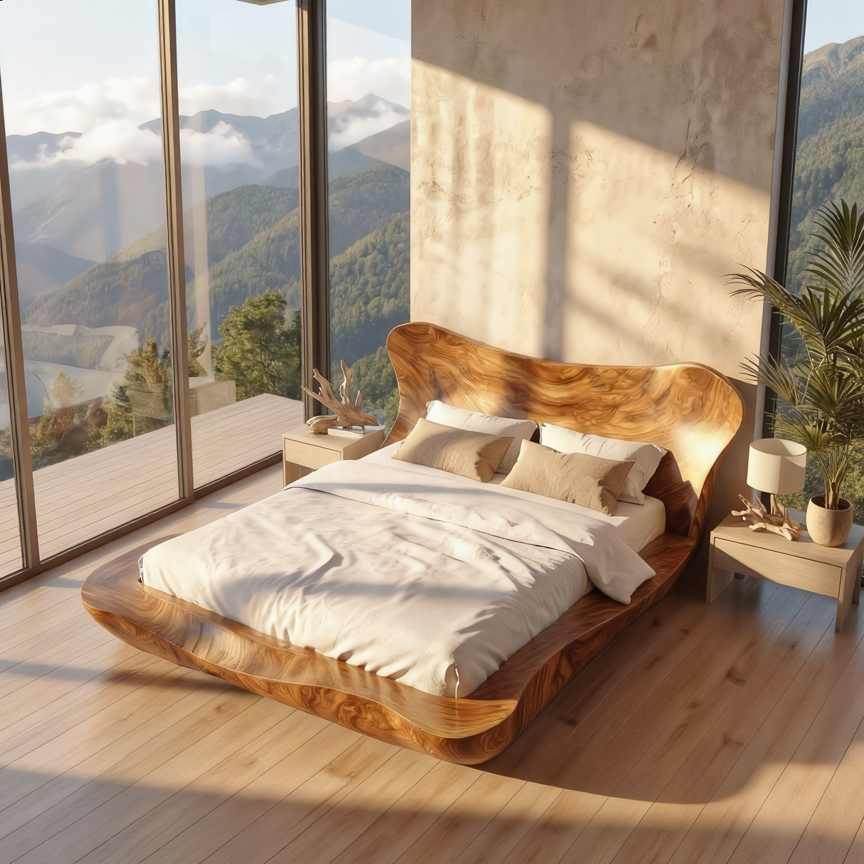 Sculptural Solid Wood Bed Frame with Curved Headboard for Modern Bedroom
