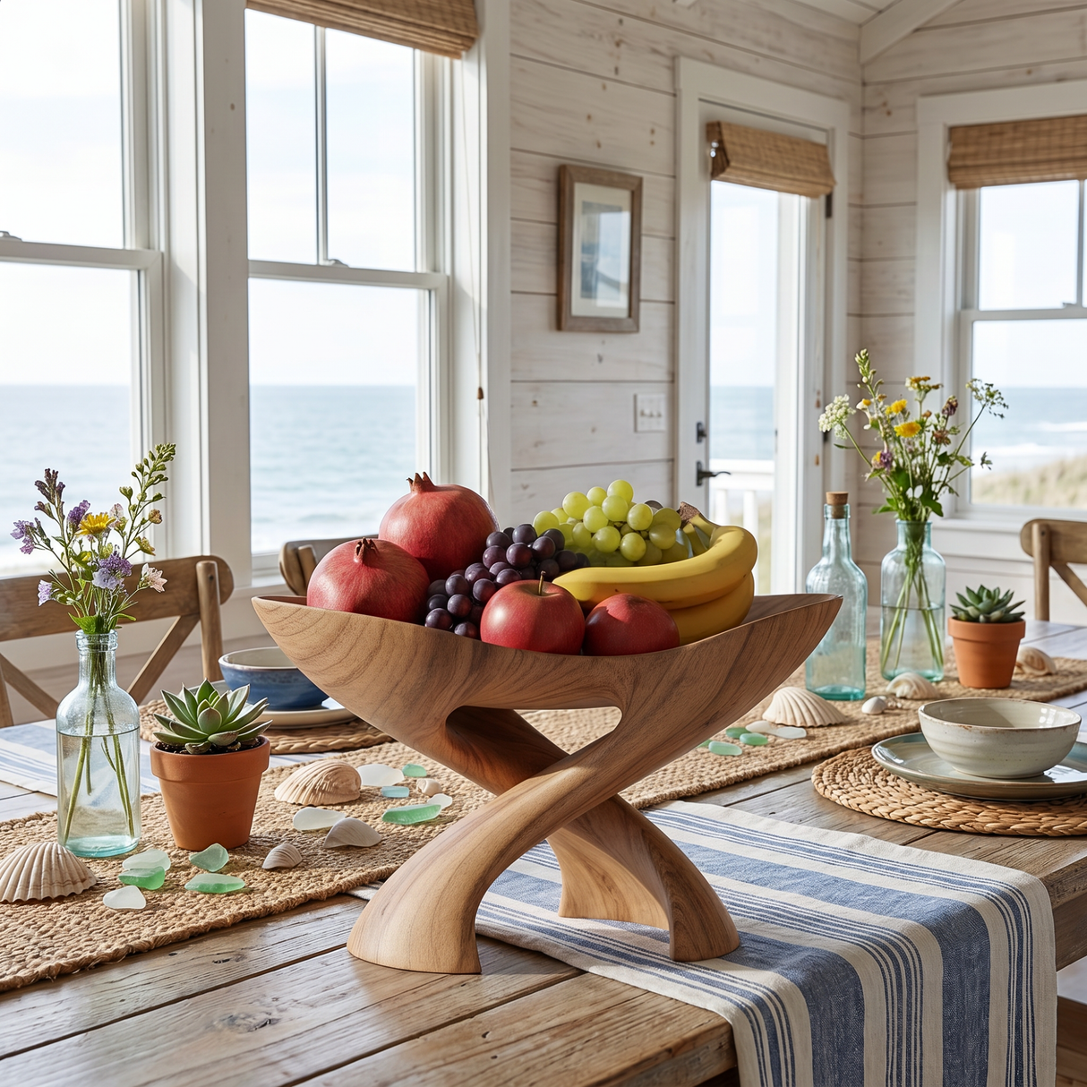 Solid Wood Cradle Fruit Bowl with Crossed Sculptural Pedestal Base