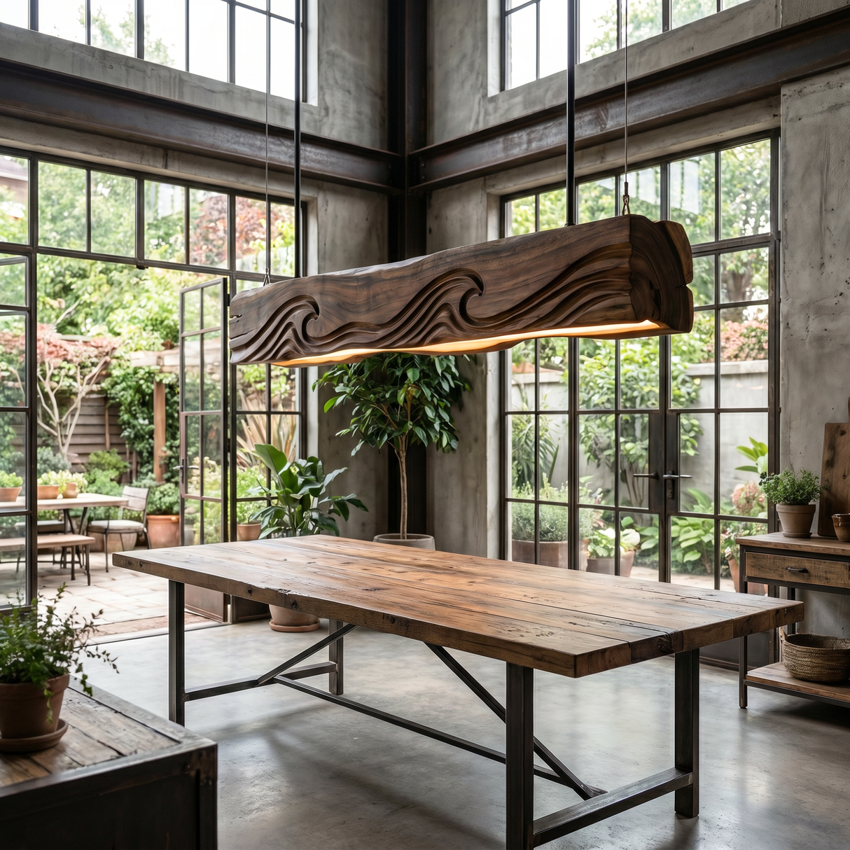 Carved Wave Wood Pendant Light for Dining Room
