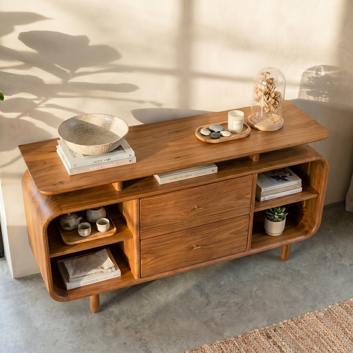 Handcrafted Solid Wood Raised Top Sideboard with Drawers and Open Shelves