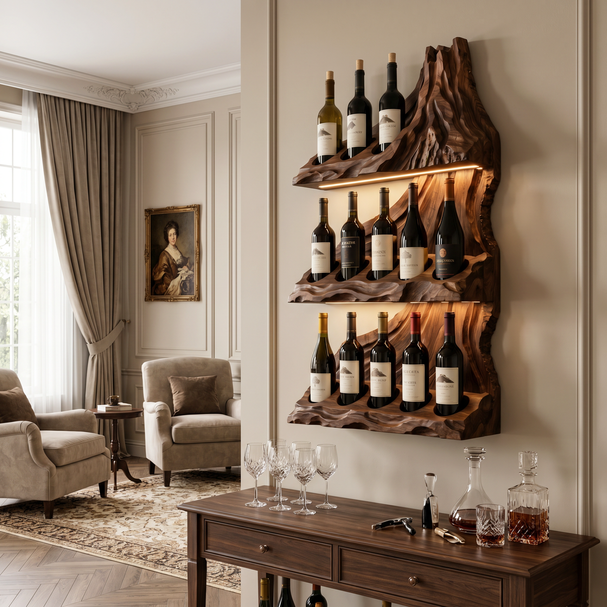 Luxury Mountain Ridge Solid Wood Wine Rack Wall Shelf