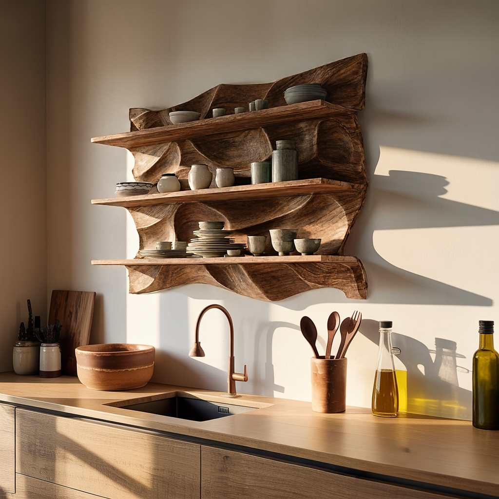Sculpted Solid Wood Wall Shelf for Organic Modern Interiors