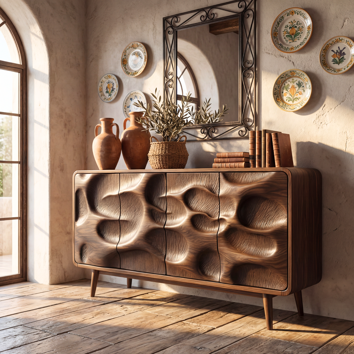 Organic Carved Front Solid Wood Sideboard Cabinet for Living and Dining Rooms