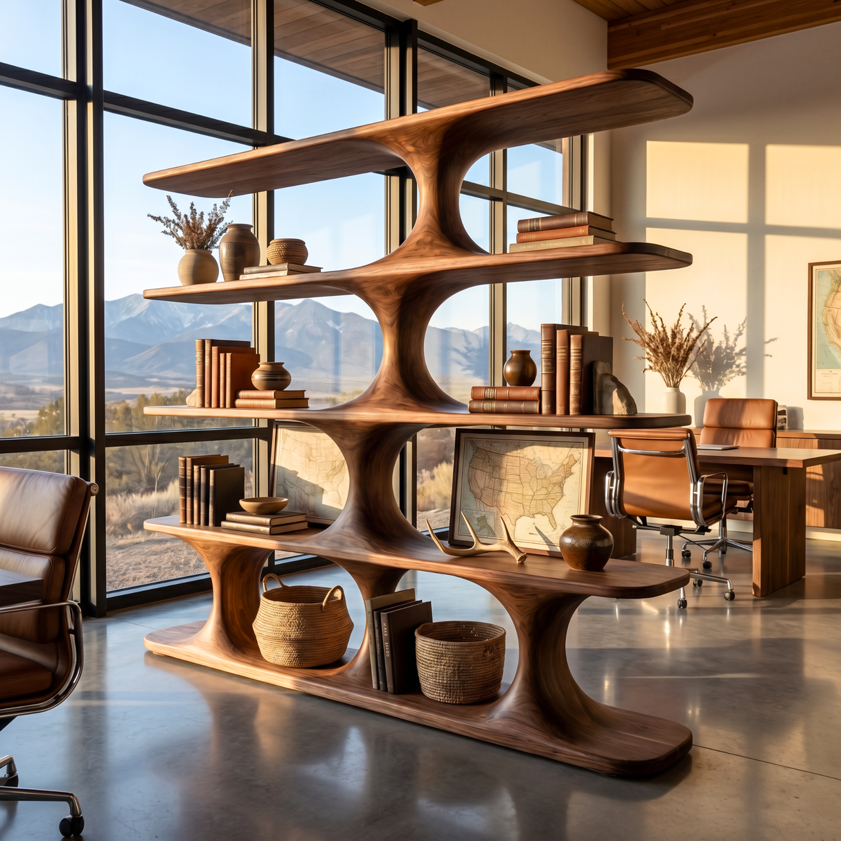 Sculptural Wood Shelving Modern Organic Bookshelf Handmade Contemporary Display Storage Unit