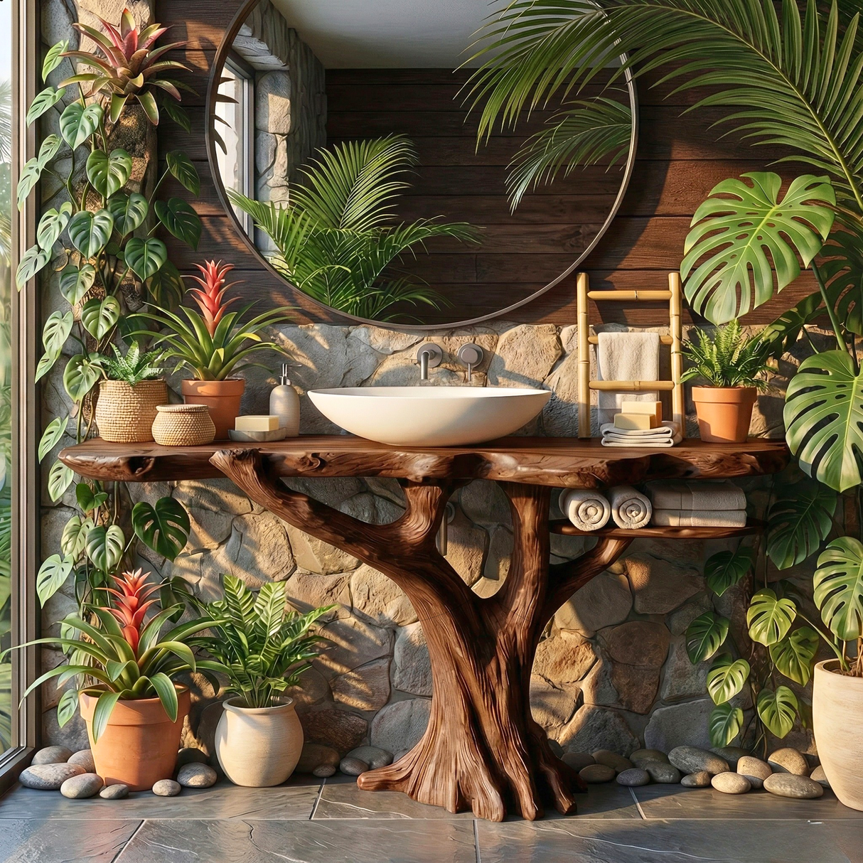 Handcrafted Solid Wood Bathroom Vanity with Tree Root Base and Side Shelf