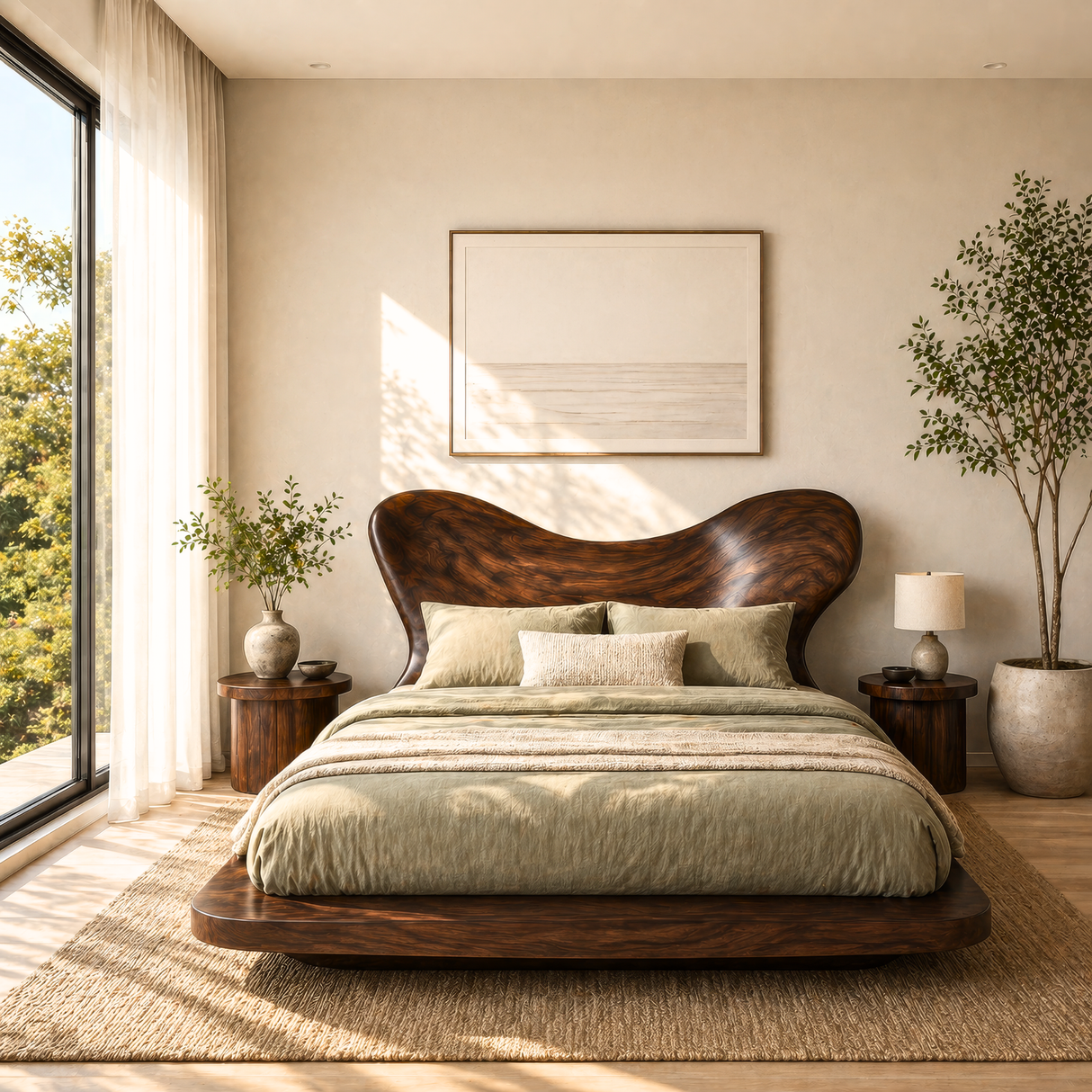 Sculptural Solid Wood Platform Bed with Organic Curved Headboard for Bedroom