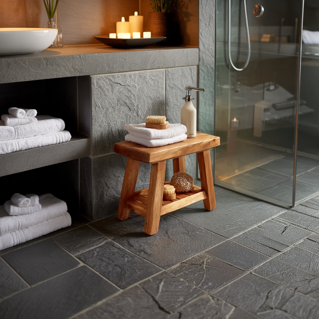 Handcrafted Solid Wood Shower Stool with Storage Rack