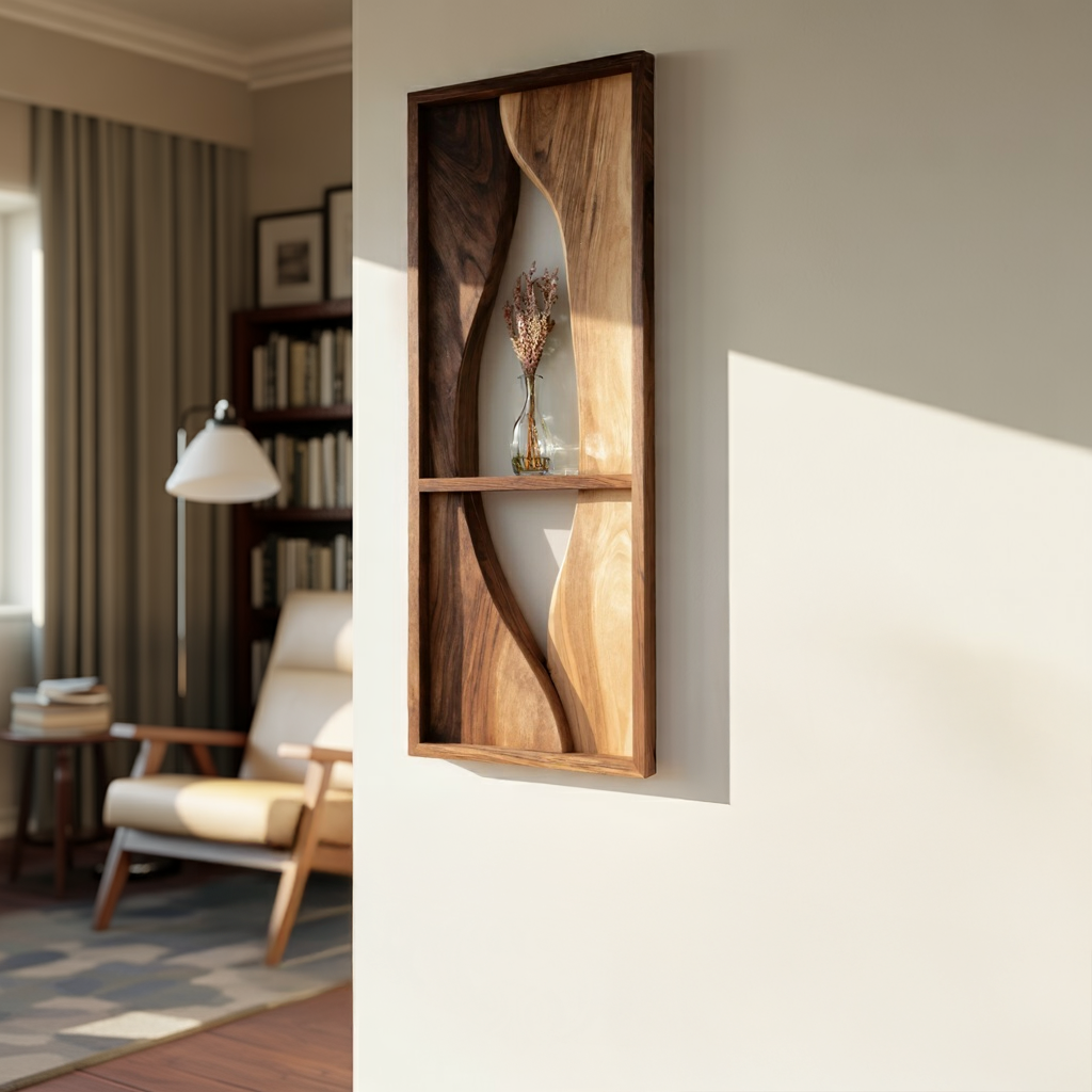 Organic Wood Wall Art Panel with Floating Display Shelf