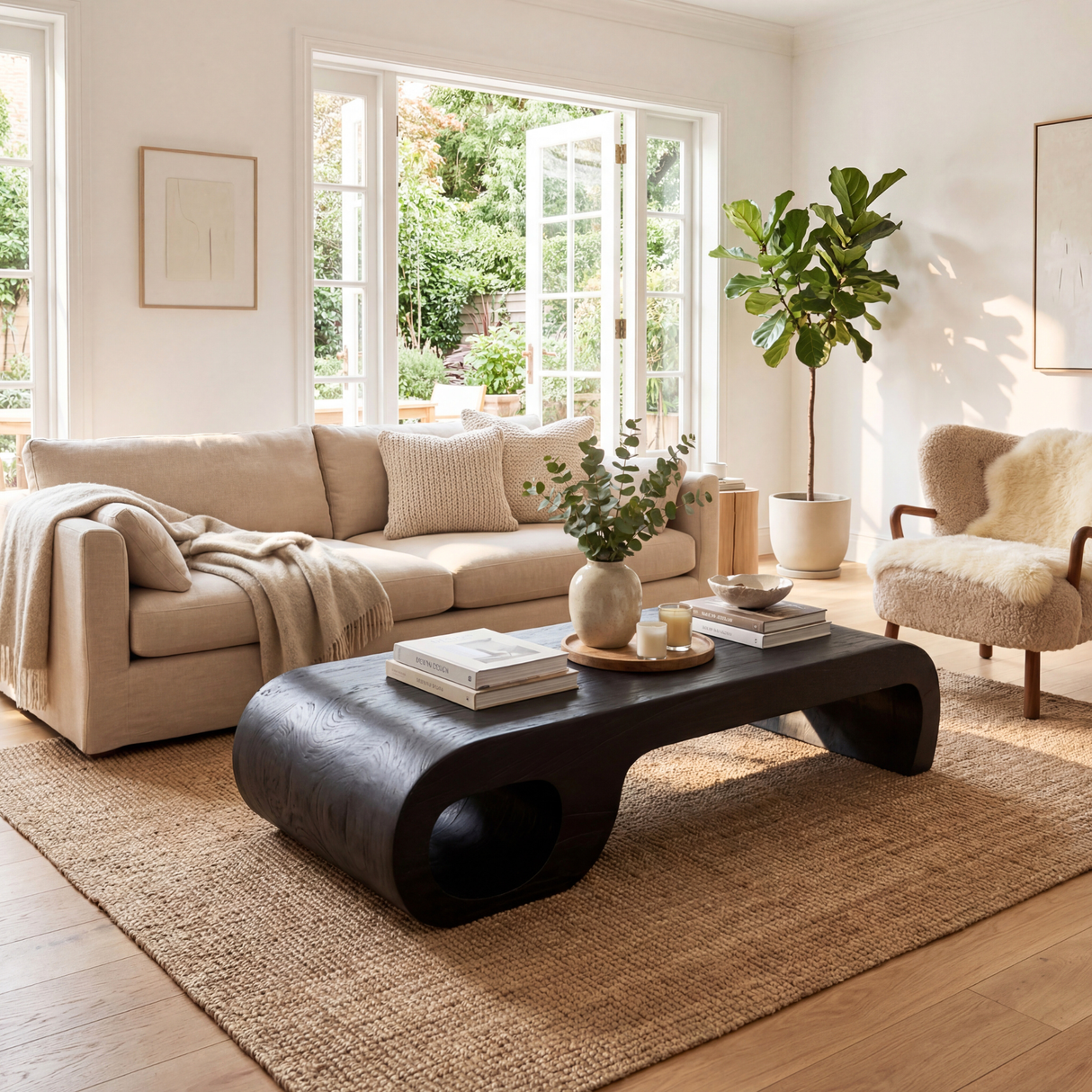 Sculptural Solid Wood Coffee Table, Modern Curved Statement Table