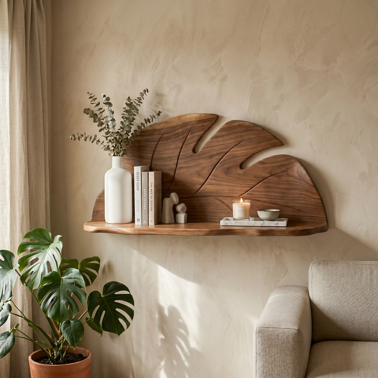 Hand Carved Solid Wood Monstera Leaf Wall Shelf for Decorative Display