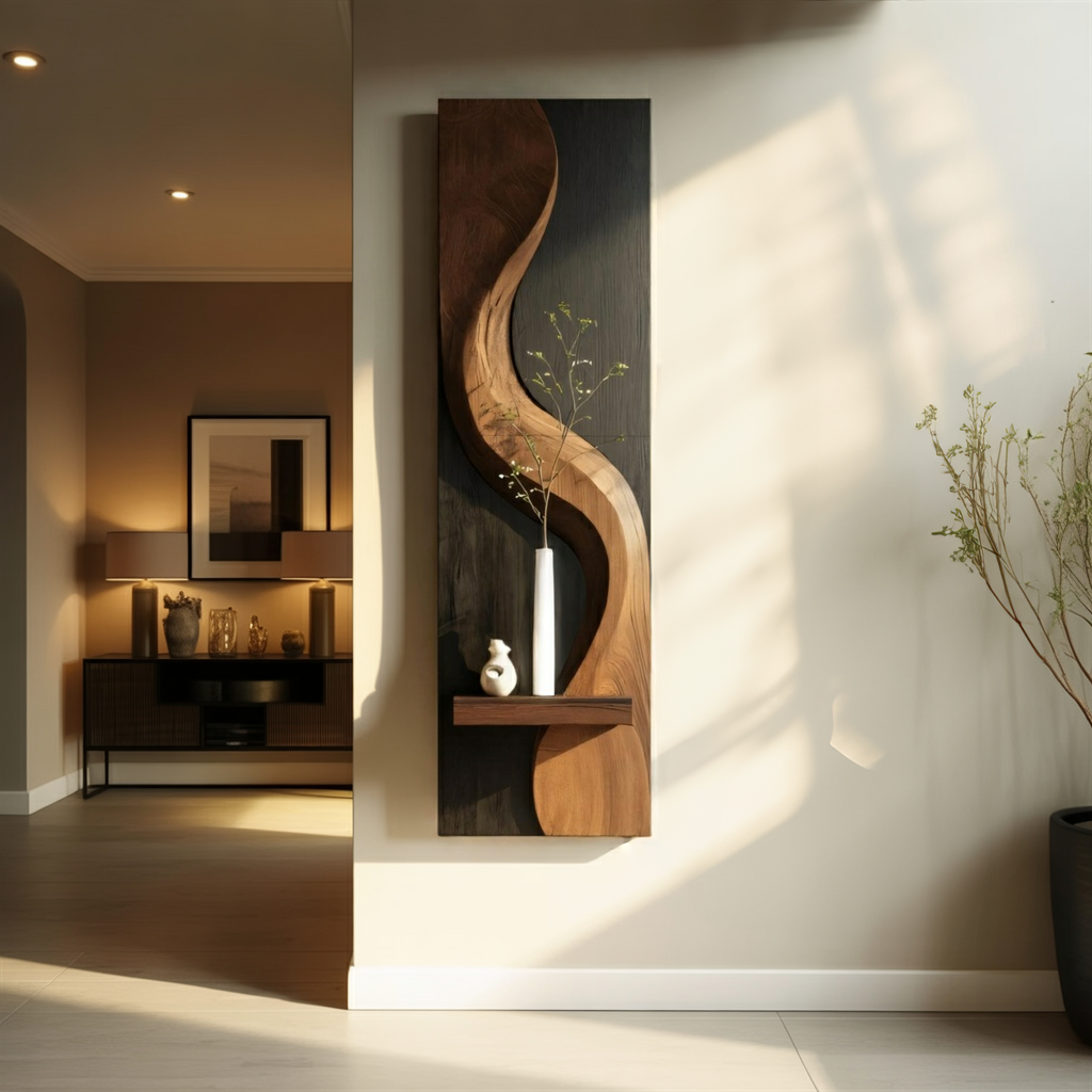 Sculptural Solid Wood Wall Panel with Display Shelf