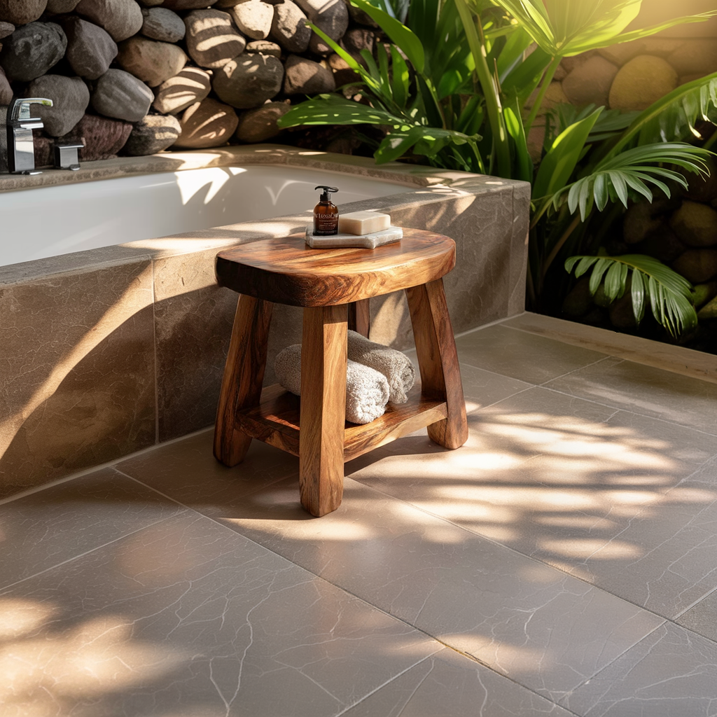 Natural Solid Wood Shower Bench with Storage Shelf