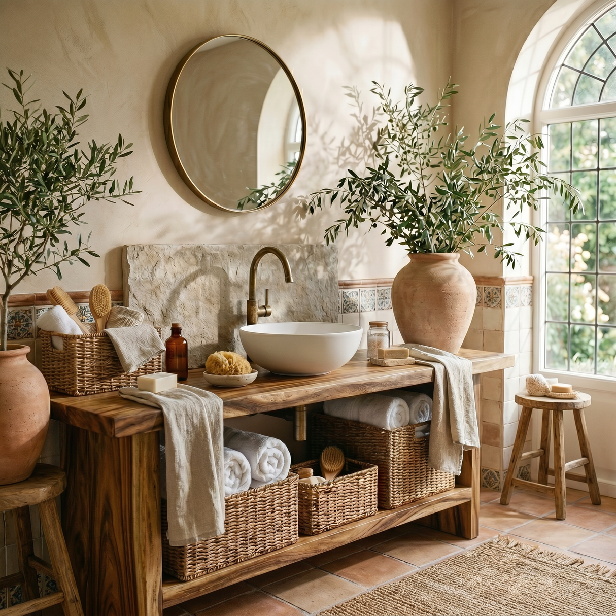 Rustic Solid Wood Bathroom Vanity with Open Shelf Storage