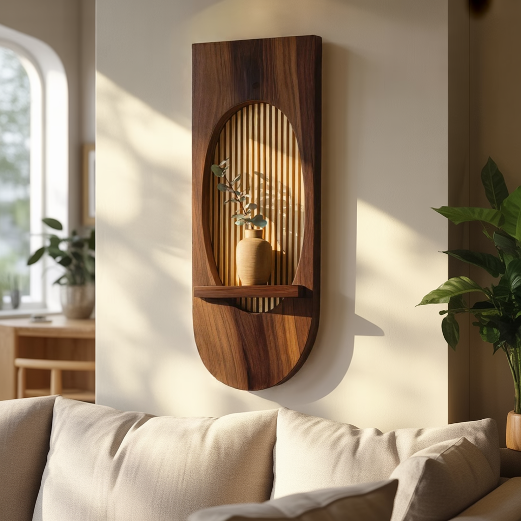 Oval Solid Wood Wall Panel with Slatted Backdrop & Floating Shelf