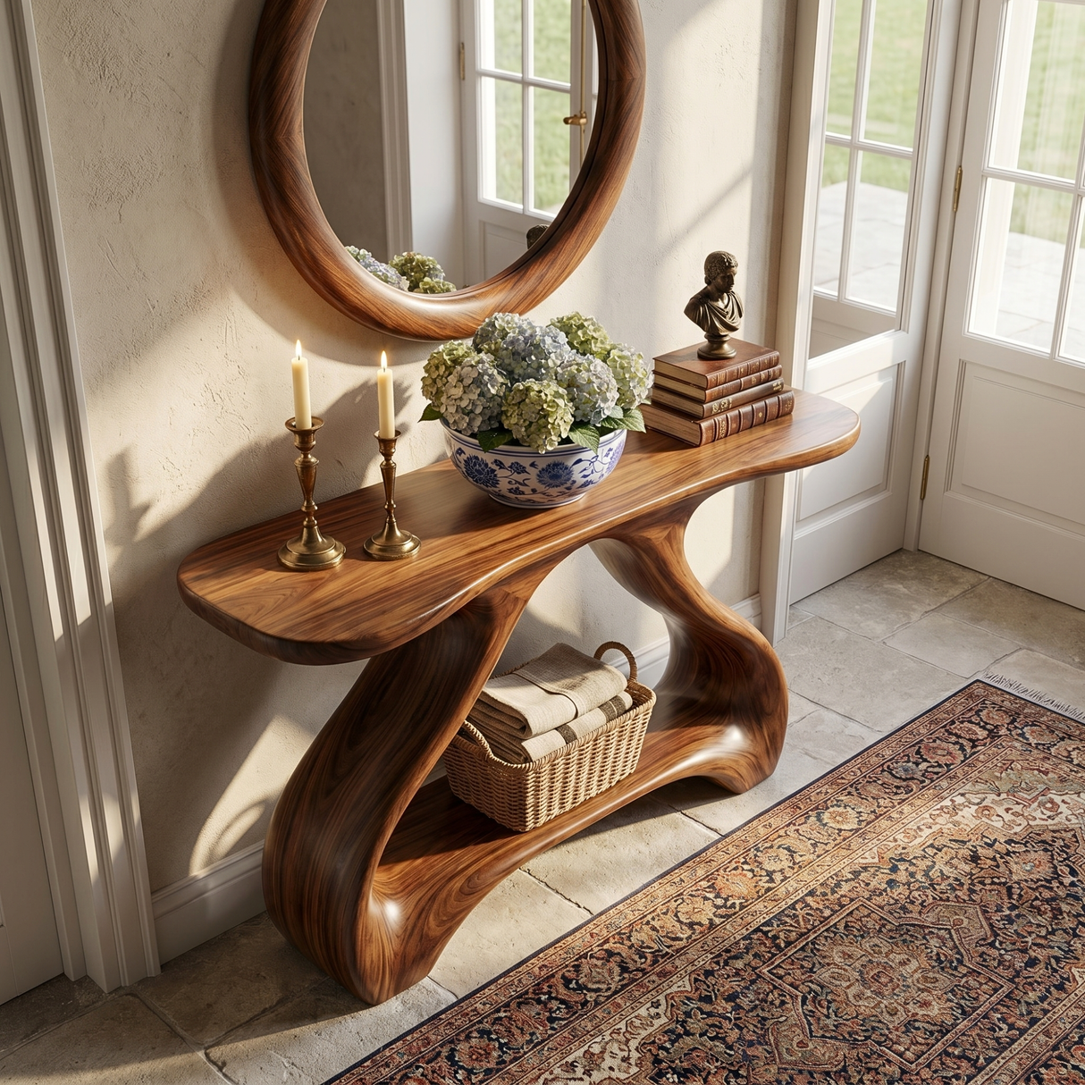 Organic Solid Wood Console Table with Sculptural Shelf Base