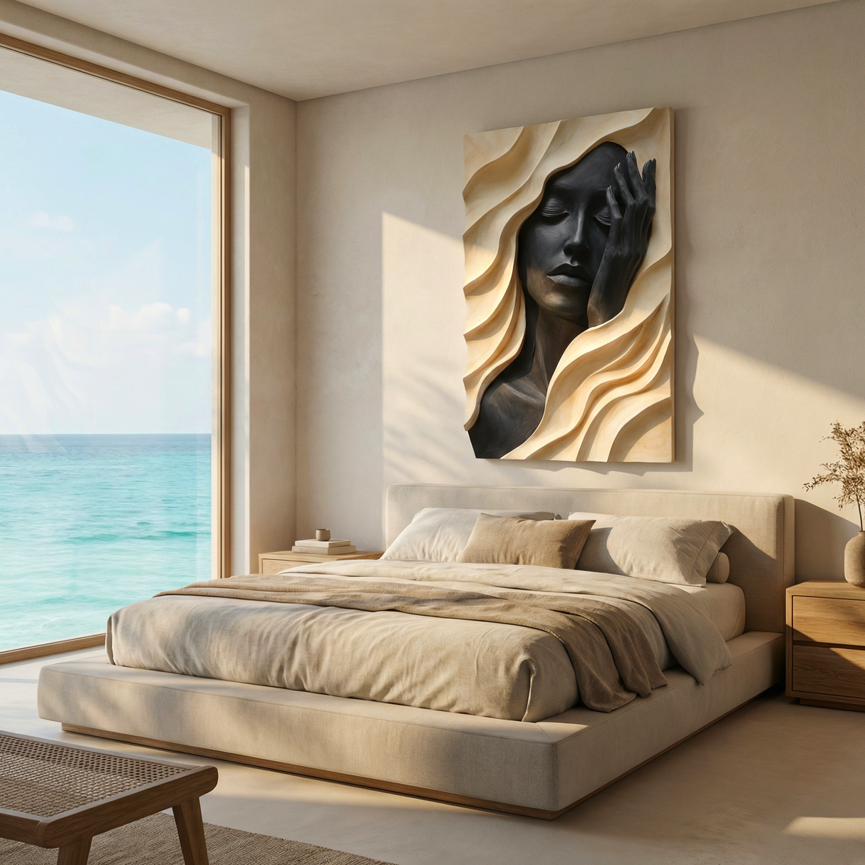Handcrafted Solid Wood Wall Art with Abstract Female Portrait Relief