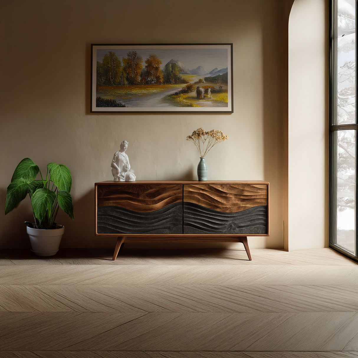 Solid Wood Sideboard with Layered Wave Carving Modern Artistic Storage Buffet Cabinet for Living Room