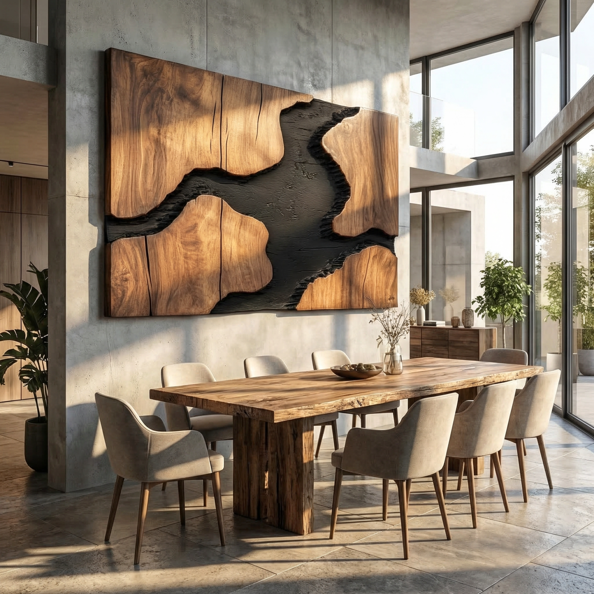 Sculptural Wood Wall Art Panel with Black River Form