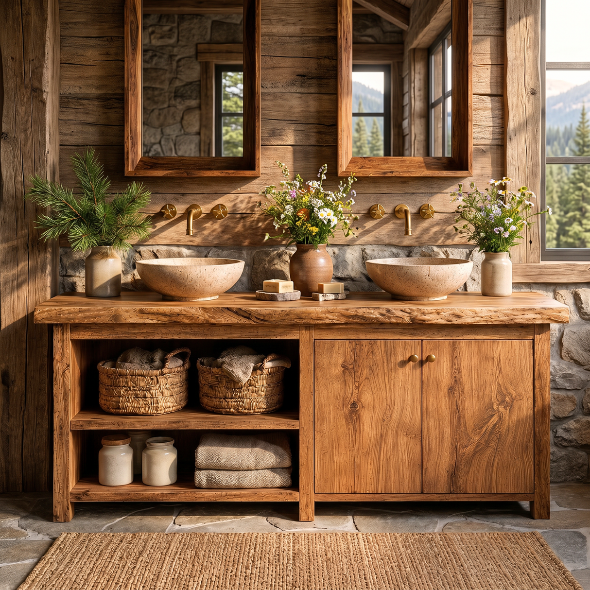 Bathroom Vanity Solid Wood with Double Sink and Open Shelf Storage for Rustic Bathroom
