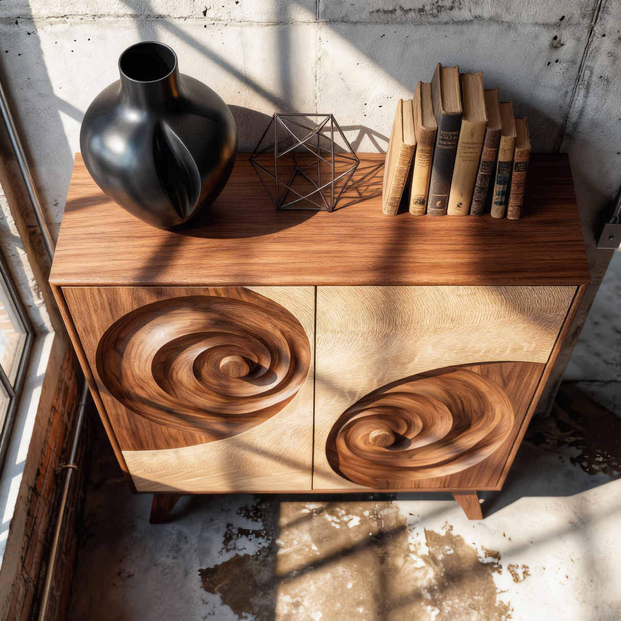 Solid Wood Sculptural Cabinet with Spiral Carved Relief Doors for Modern Interiors