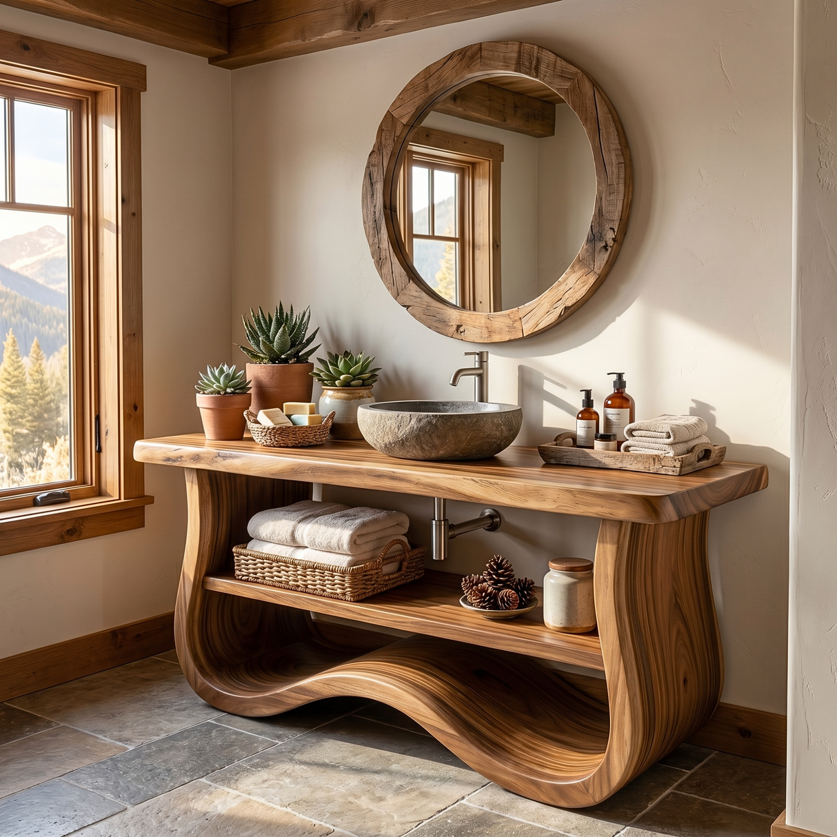 Organic Solid Wood Bathroom Vanity with Sculpted Wave Base
